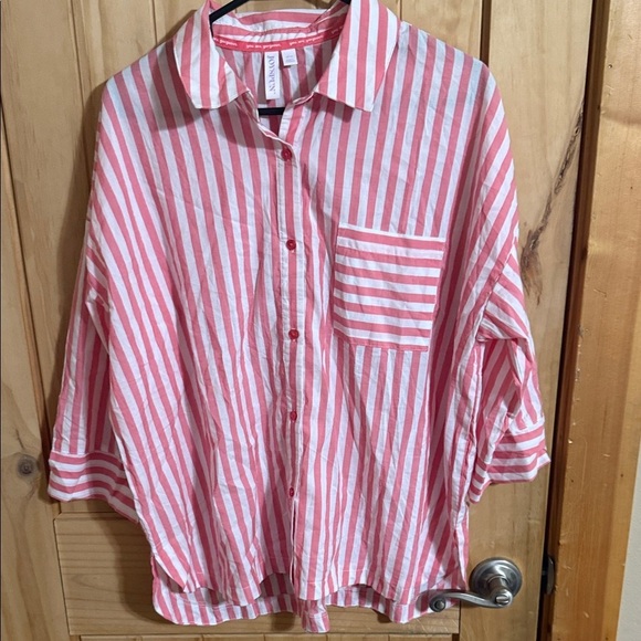 Joyspun Tops - Joyspun Pink and White Striped Button Down Shirt